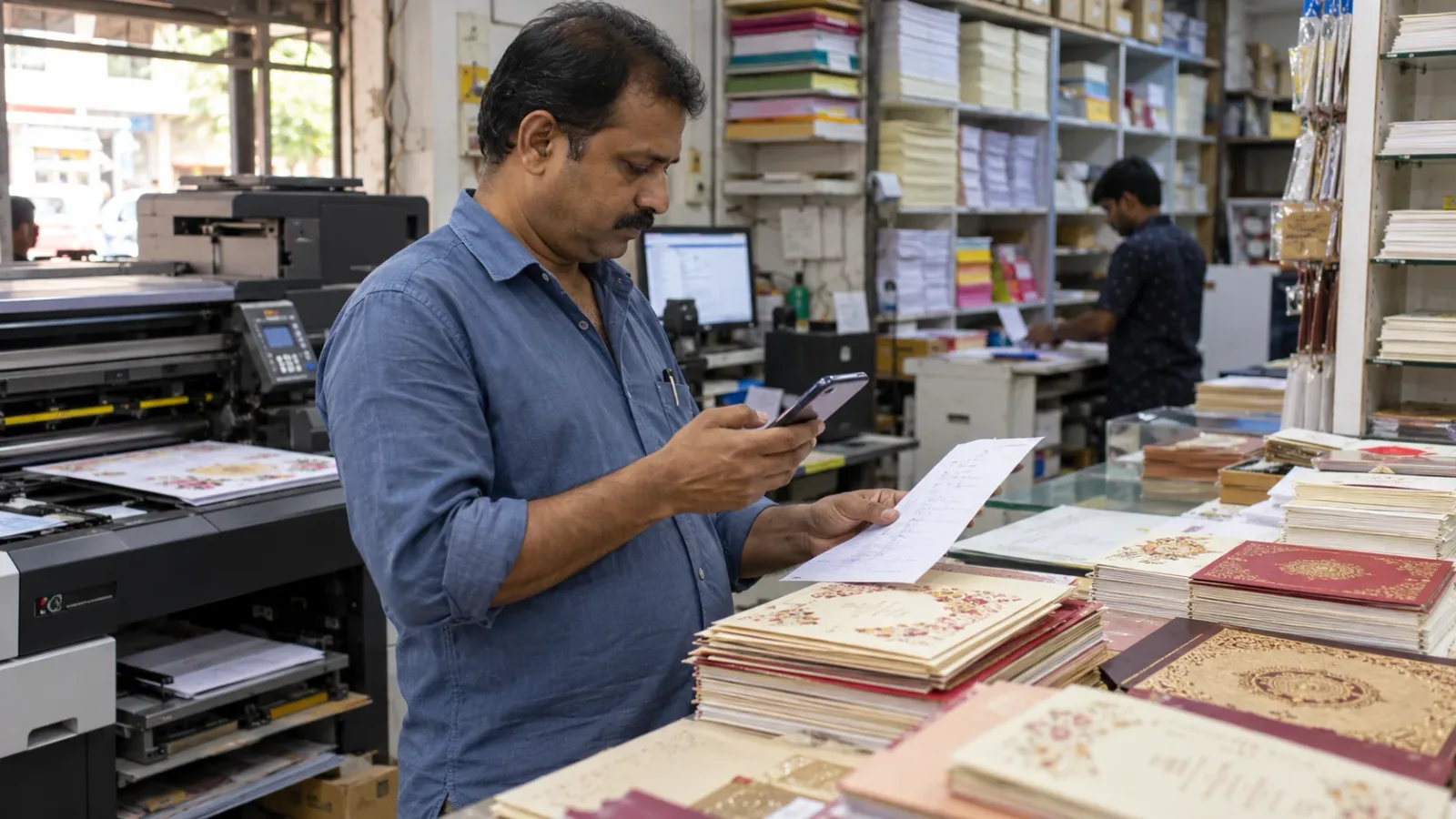 A print-shop owner checking a phone enquiry against a paper order beside printed invitations