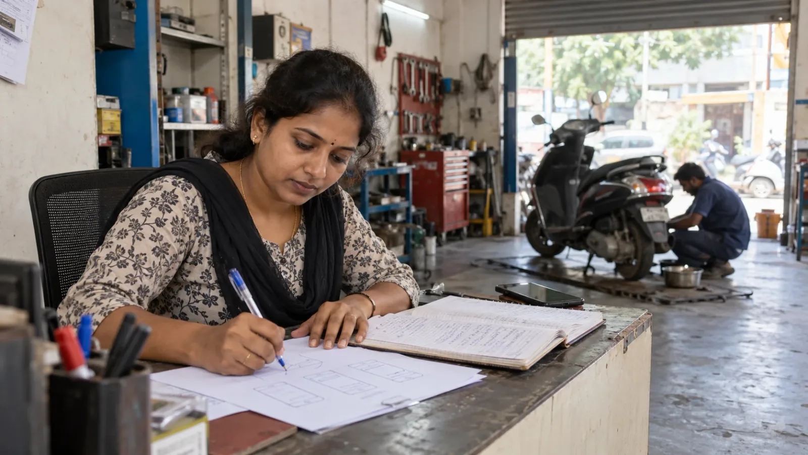 A scooter-workshop manager planning a booking app beside an appointment book