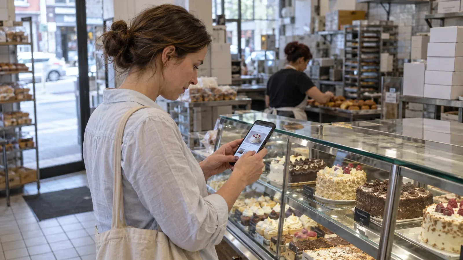A customer checking a bakery’s mobile page beside its cake display