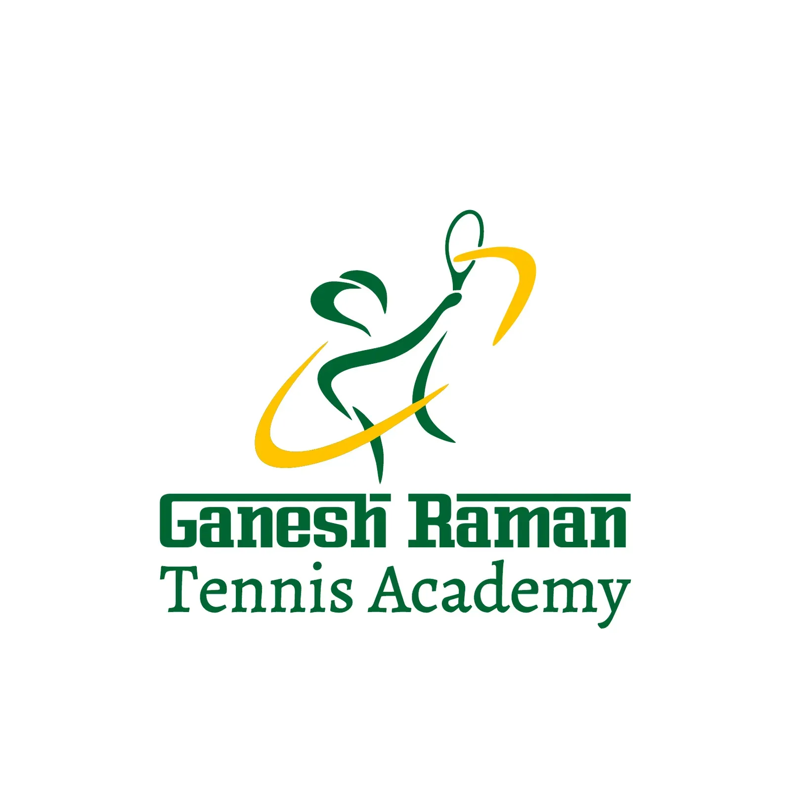 Ganesh Raman Tennis Academy mark: a green player mid-serve with a yellow ball trail