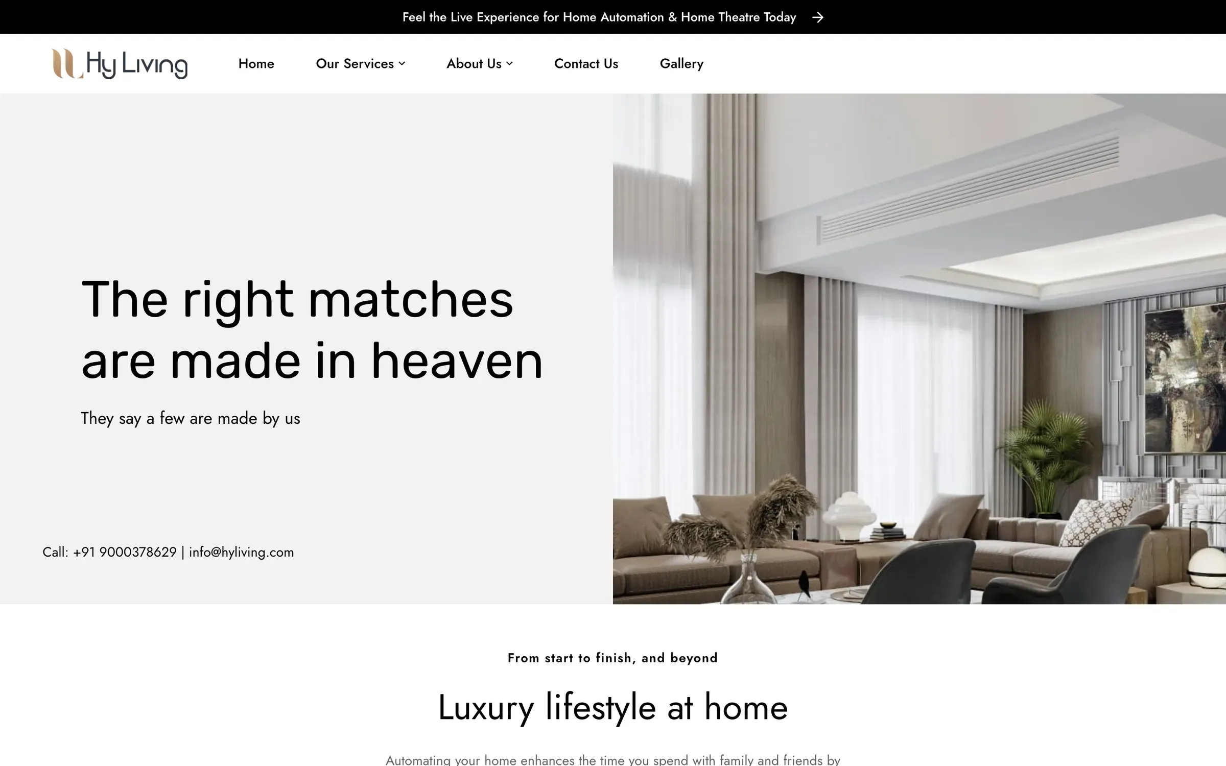 HY Living home page: a bright, high-ceilinged living room beside the headline "The right matches are made in heaven"