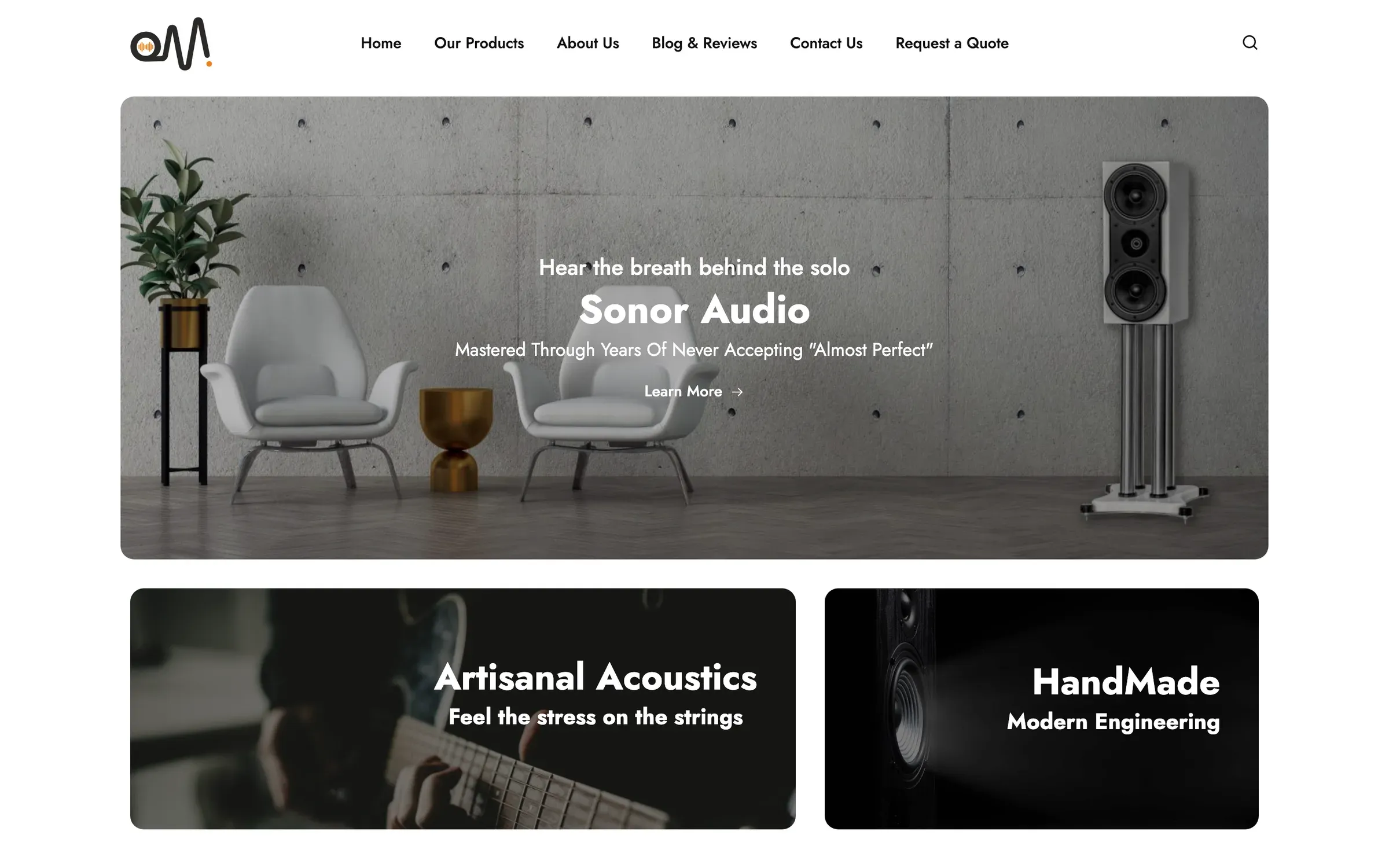 Quarter Note Acoustic home page: a Sonor Audio floor-standing speaker beside two armchairs against a concrete wall