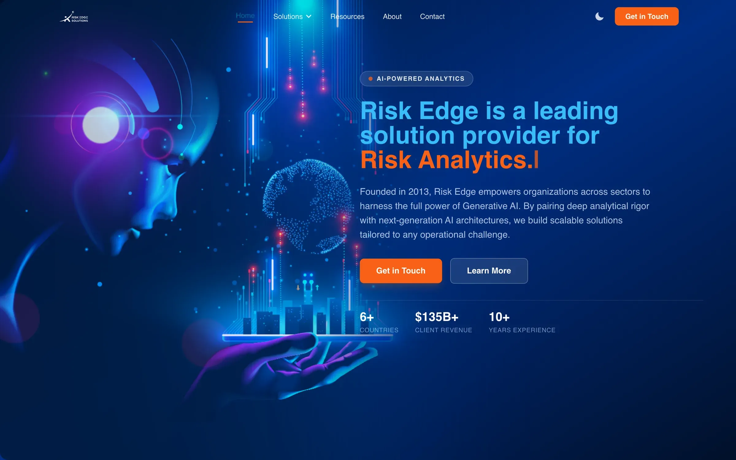 Risk Edge Solutions home page: a glowing AI figure and globe beside the headline "Risk Edge is a leading solution provider for Risk Analytics."