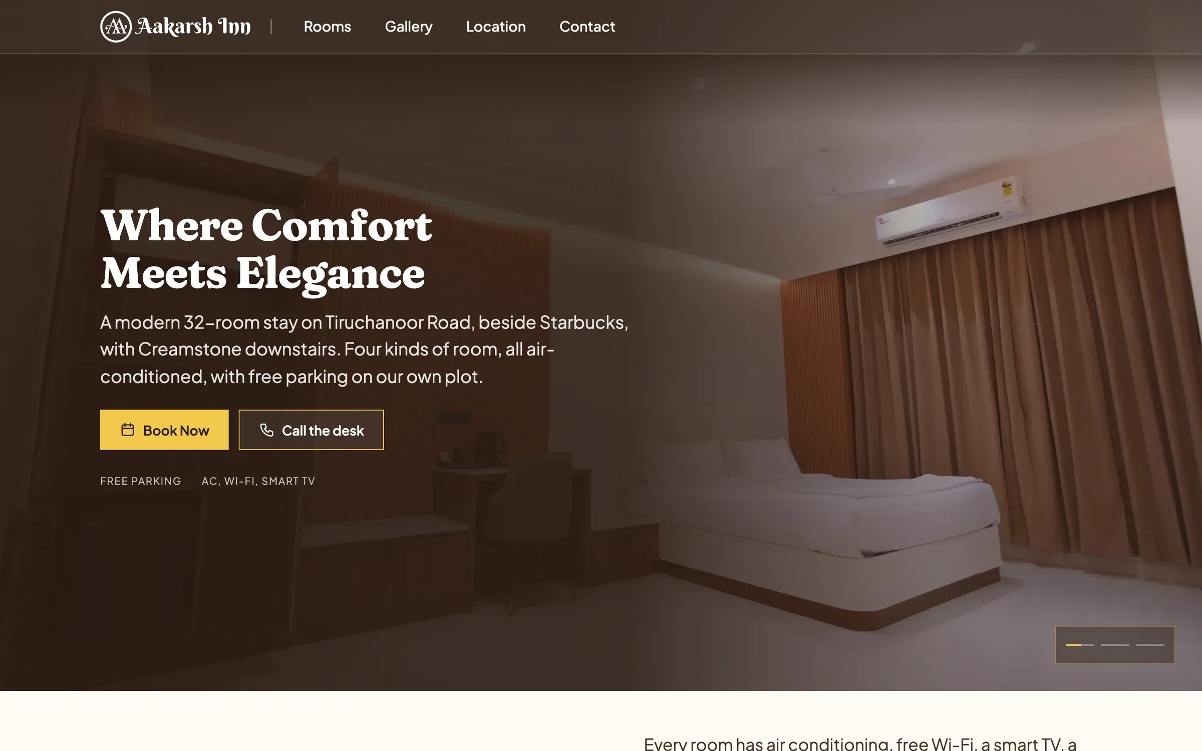 Aakarsh Inn home page: a hotel room behind the headline "Where Comfort Meets Elegance" with Book Now and Call the desk buttons