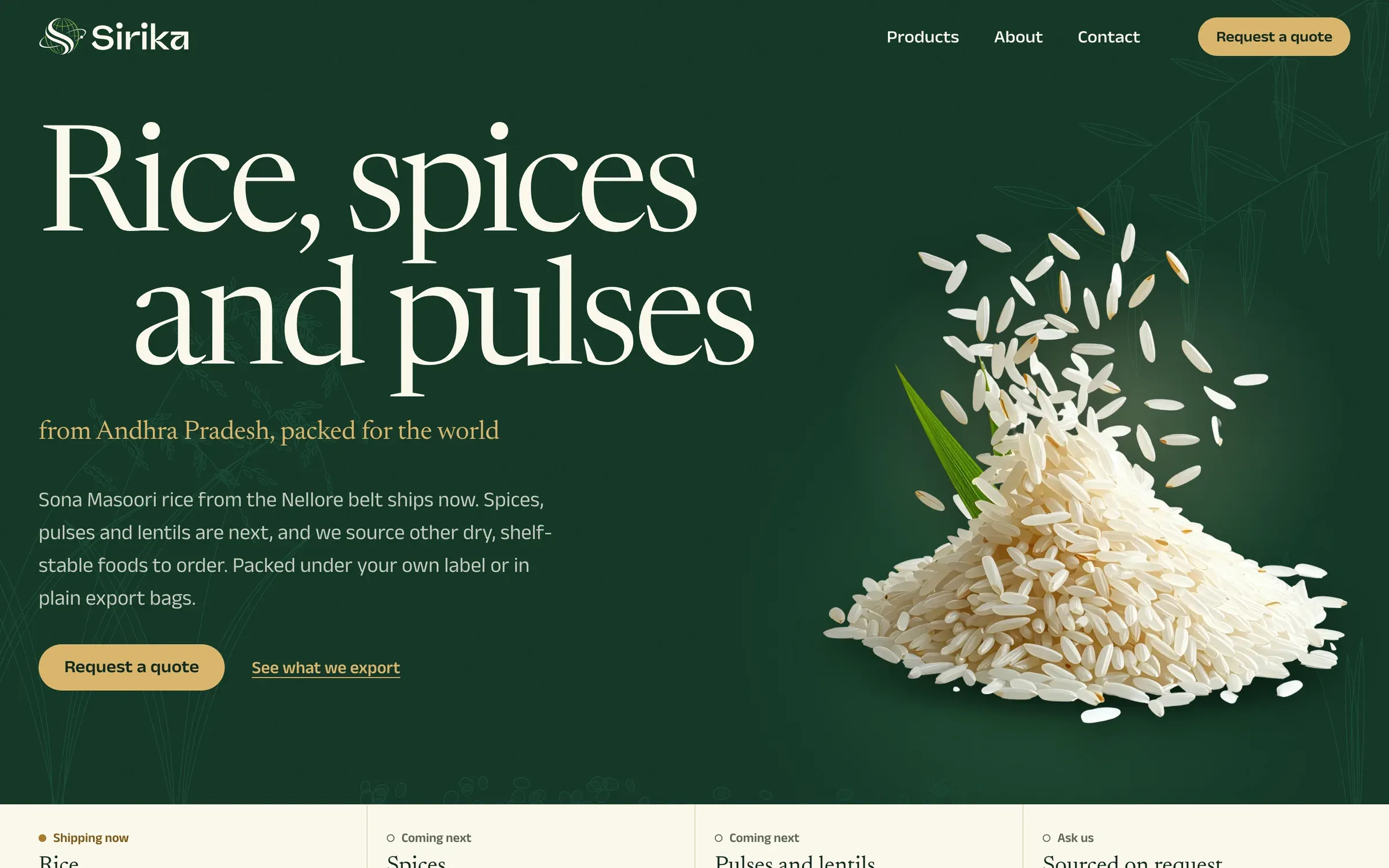 Sirika Exports home page: a heap of white rice grains on deep green under the headline "Rice, spices and pulses from Andhra Pradesh, packed for the world"