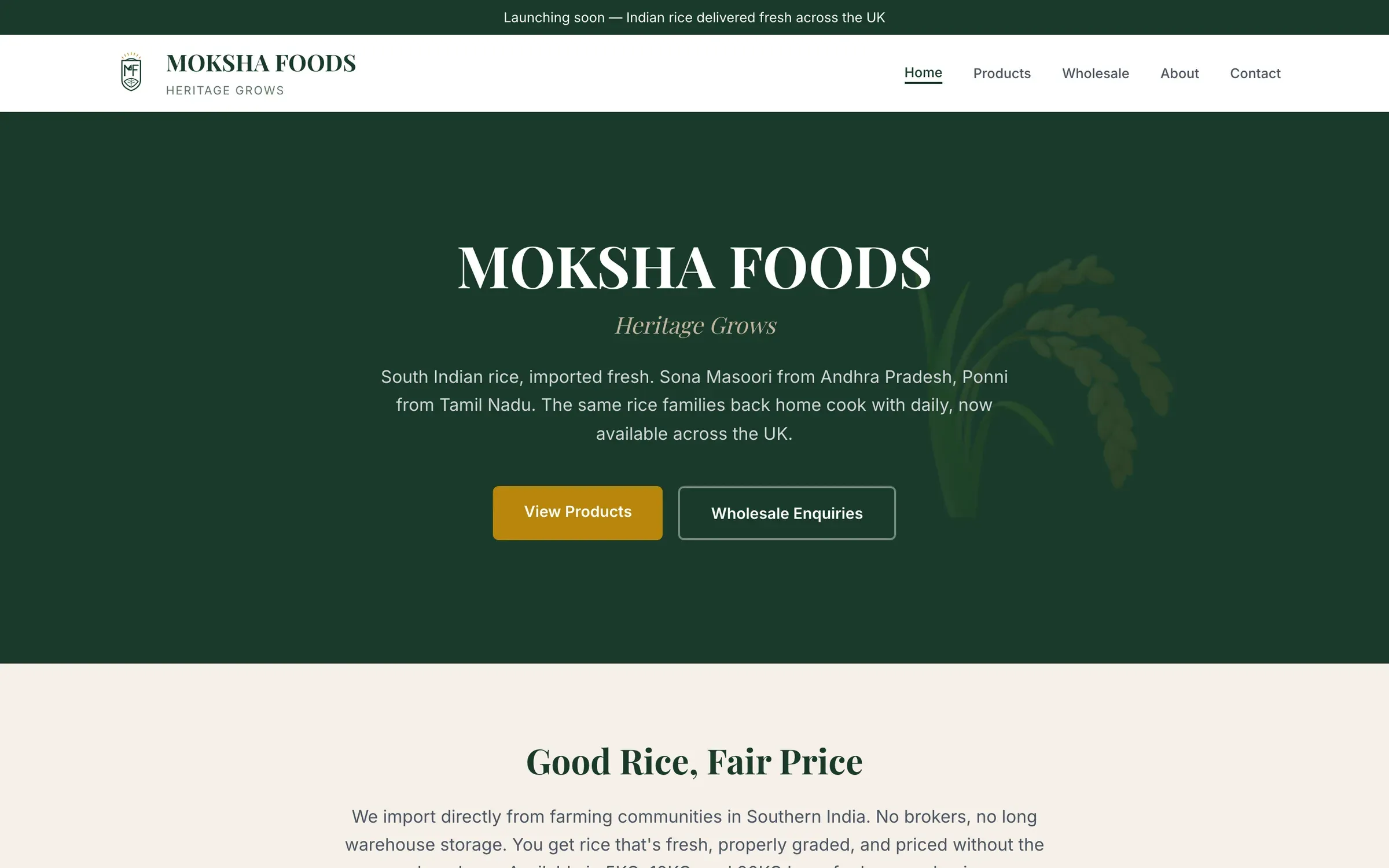 Moksha Foods launch page: the "Heritage Grows" wordmark over a deep green hero with a rice stalk, and buttons for products and wholesale enquiries