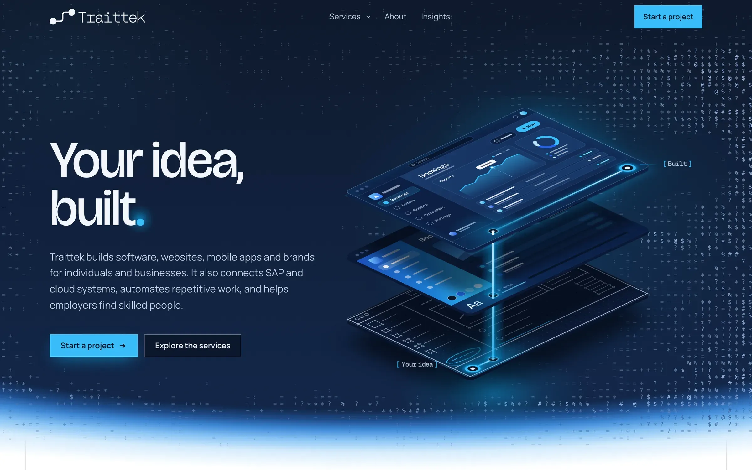 Traittek home page: the headline "Your idea, built." beside a layered illustration of an app dashboard