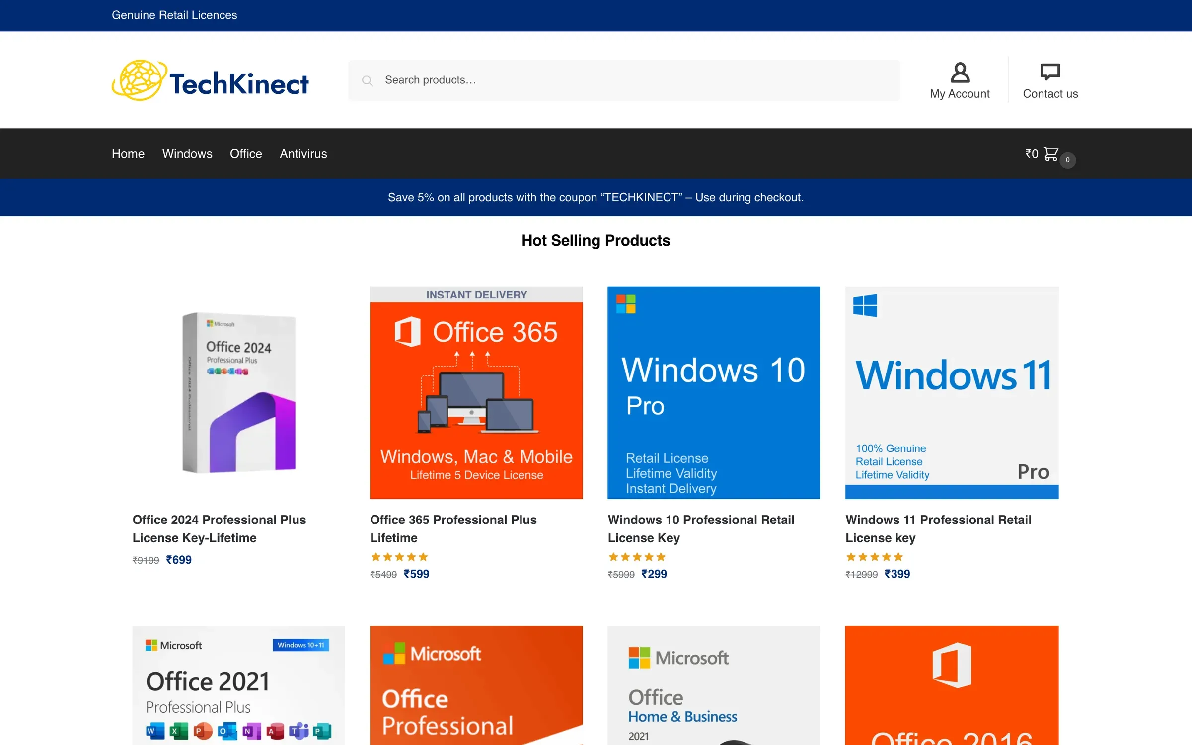 TechKinect store: product cards for Office 2024, Office 365, Windows 10 Pro and Windows 11 Pro licences with prices in rupees