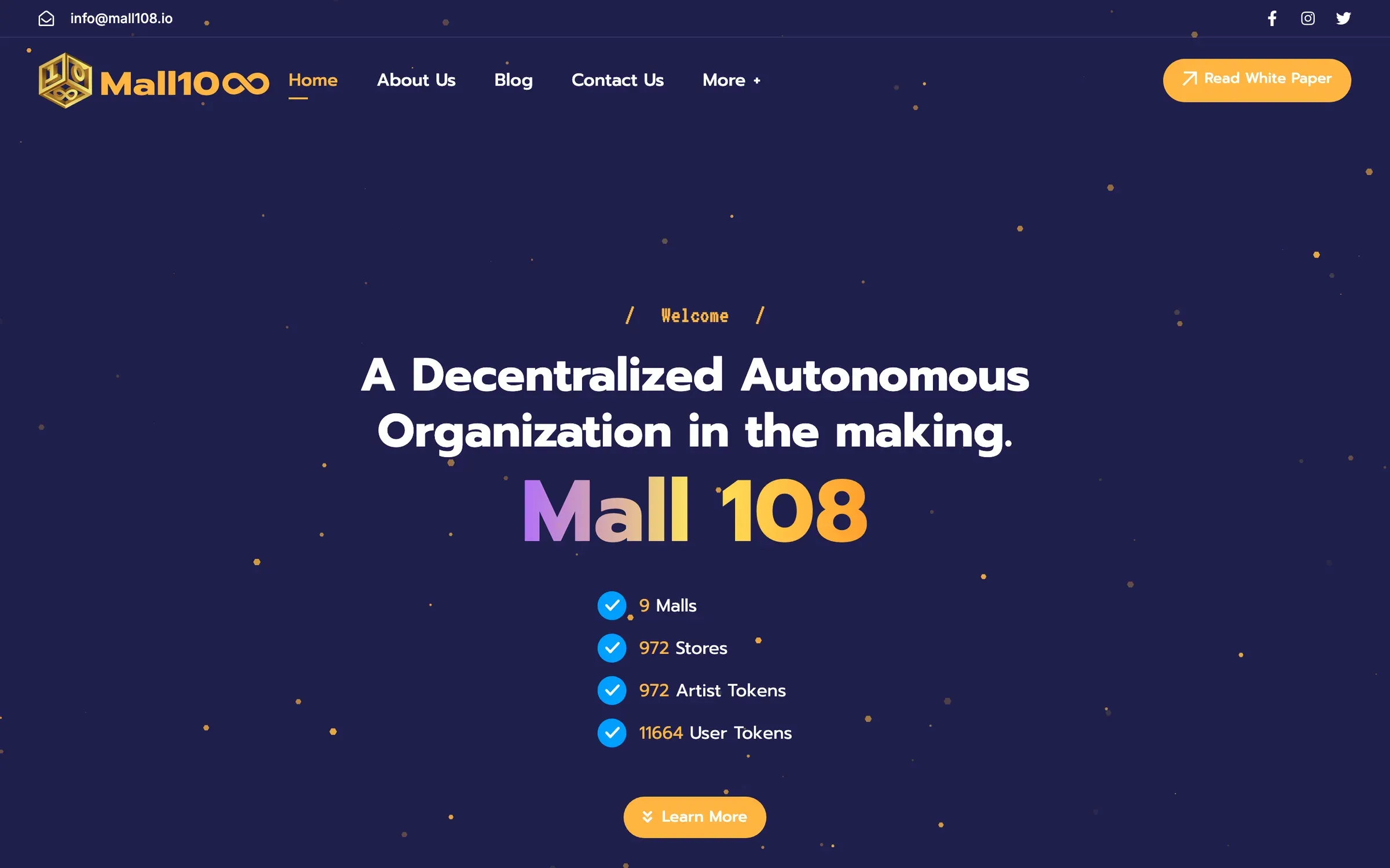 Mall108 home page: "A Decentralized Autonomous Organization in the making" with counts of malls, stores and tokens on a starry navy background