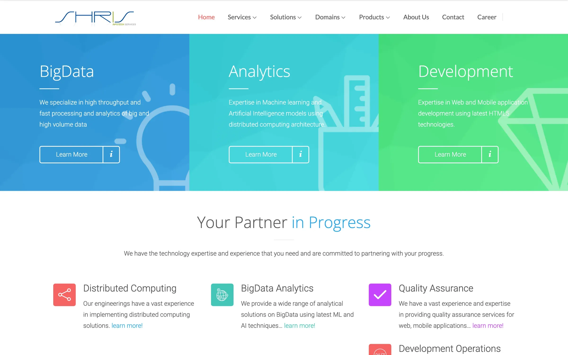 Shris Infotech home page: BigData, Analytics and Development panels in blue, teal and green