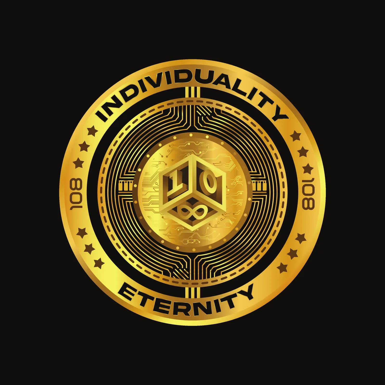 Mall108 coin: a gold coin engraved "Individuality · Eternity" around the 108 cube
