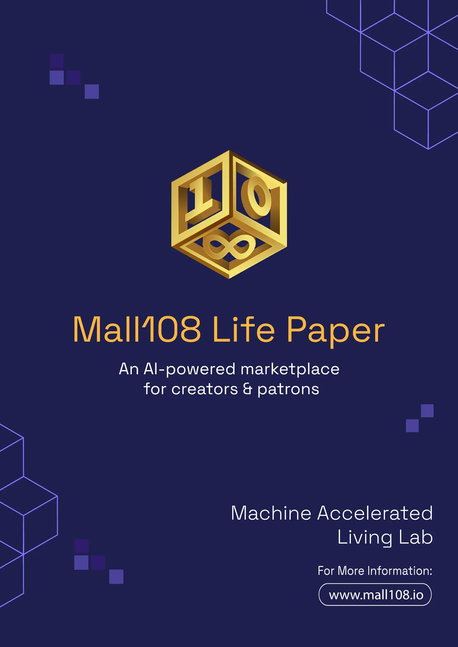 Mall108 Life Paper cover: the gold 108 cube on deep indigo with hexagon line art