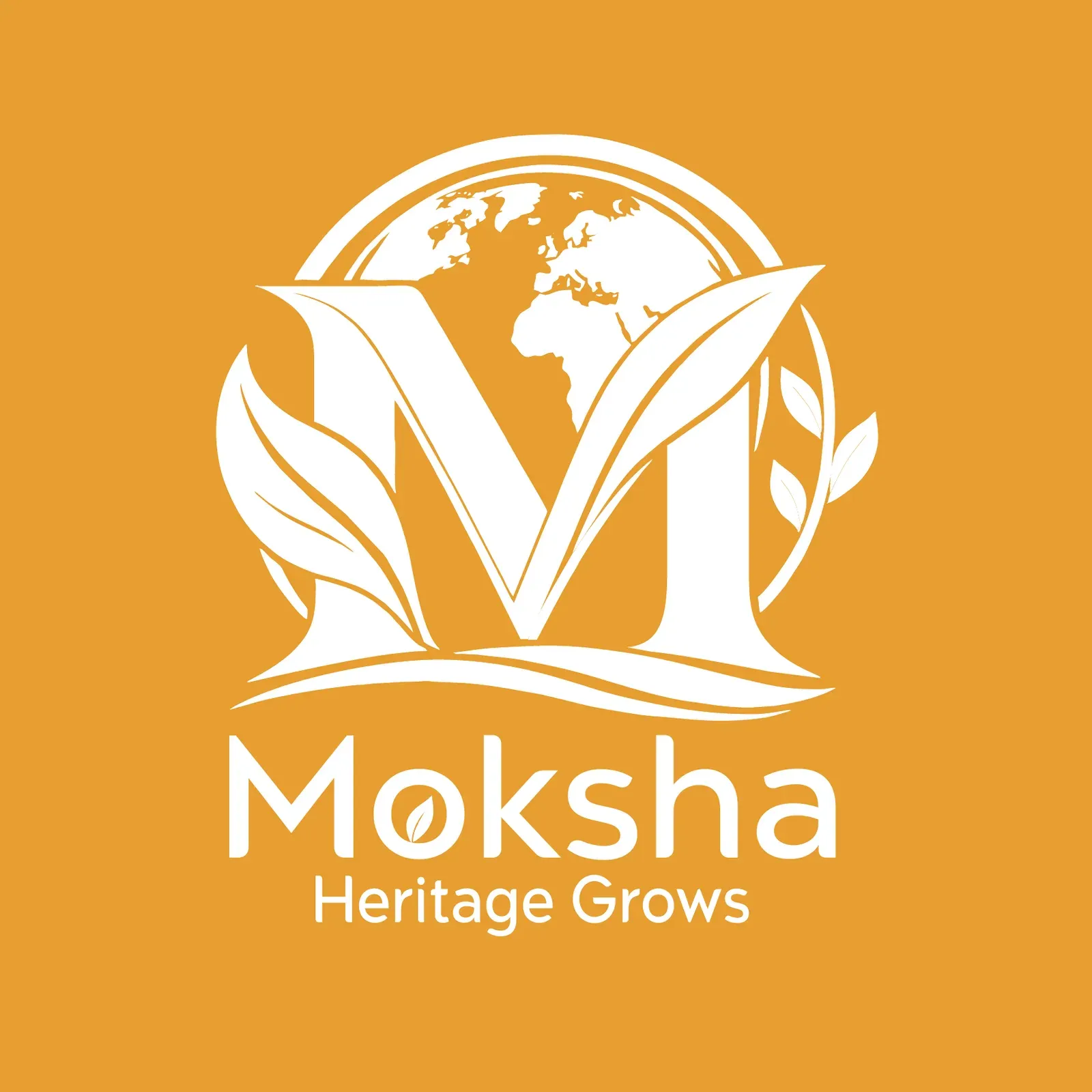 Moksha Foods mark in white on saffron gold