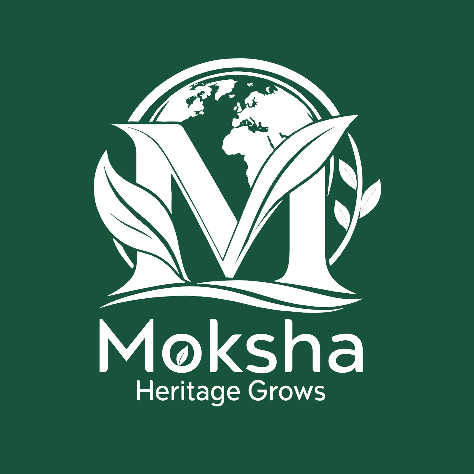Moksha Foods mark: an M of leaves before a globe, white on green, with "Heritage Grows"
