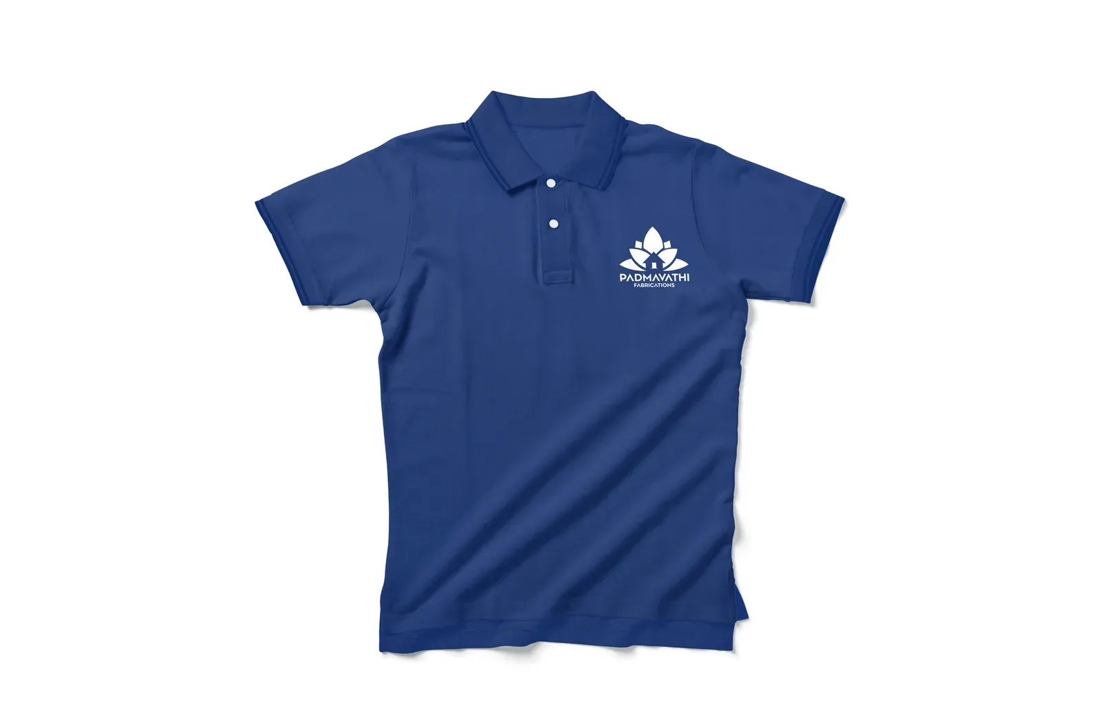 Padmavathi Fabrications lotus-and-house mark embroidered on navy polo shirts