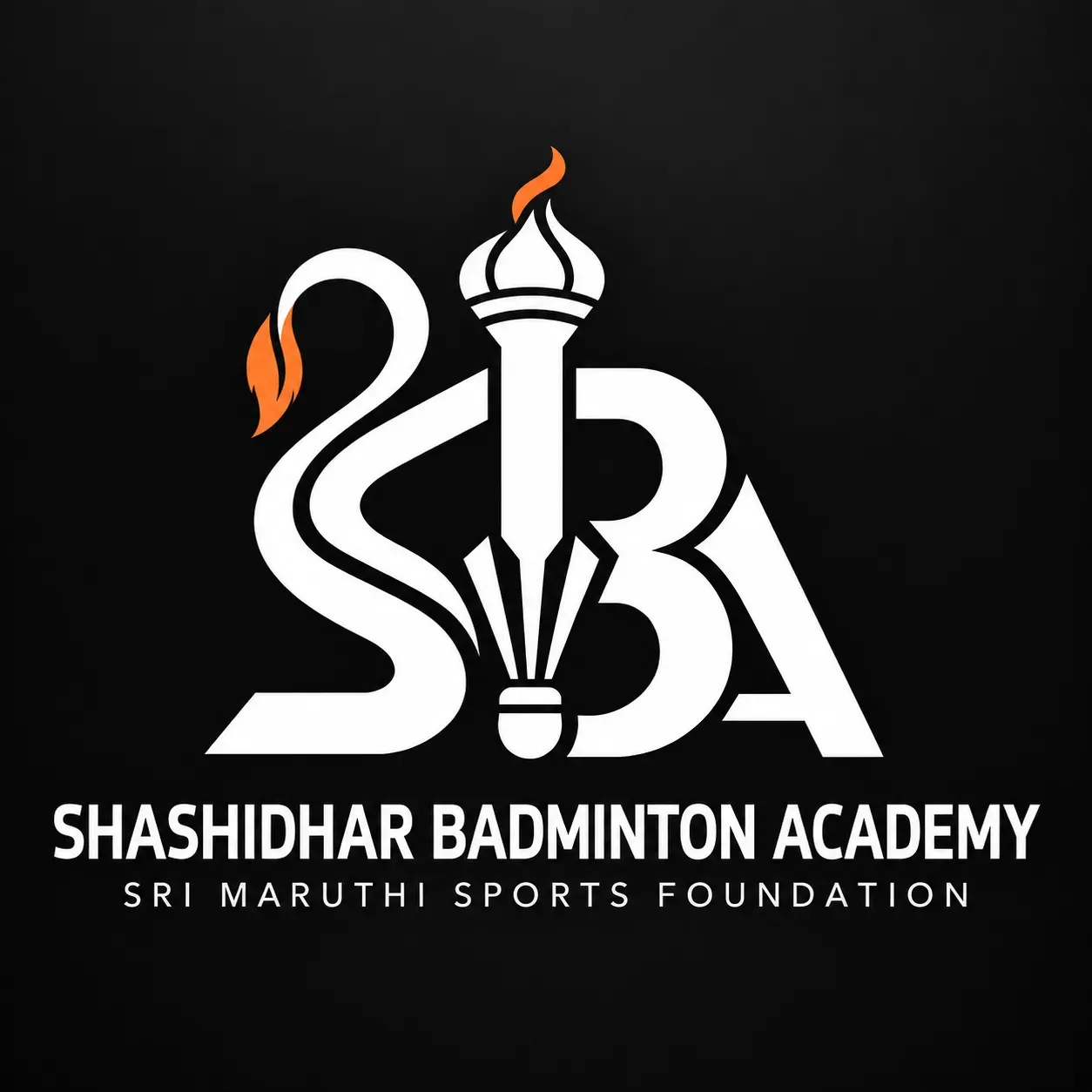 Shashidhar Badminton Academy mark: SBA, with a shuttlecock for the B and orange flames, in white on black