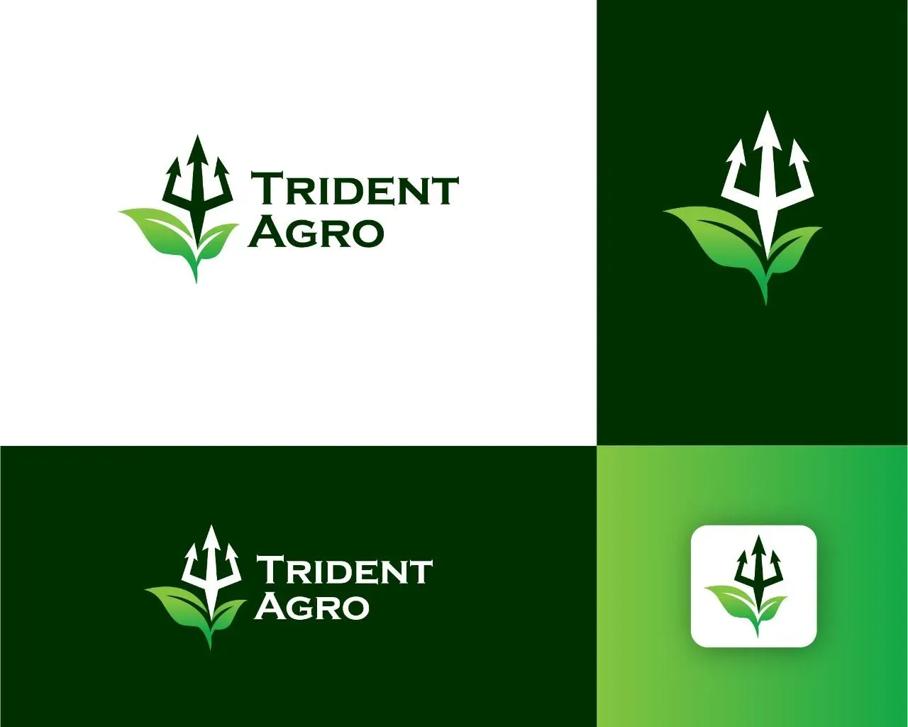 Trident Agro identity: a trident rising from a leaf, in green on white and on deep green, with its app icon