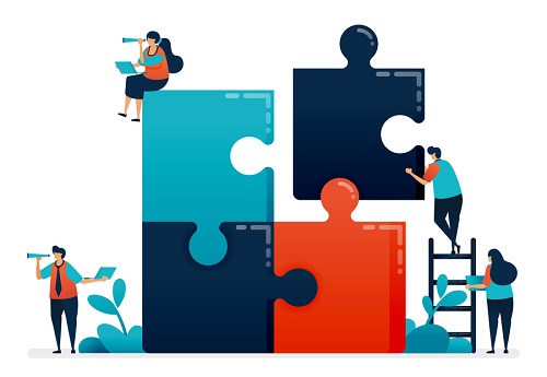 Practice collaboration and problem solving in teams by completing puzzle games, Solving problems in business and company, Cooperation and teamwork, Illustration of website, banner, software, poster